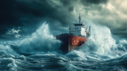 A cargo ship in the midst of a storm, battling high waves, symbolizing the endurance and strength of maritime transport.