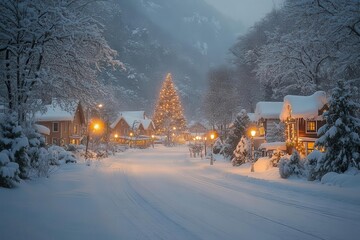 Fototapeta premium whimsical snowcovered village with twinkling lights towering christmas tree and charming cottages nestled among evergreens exuding holiday magic