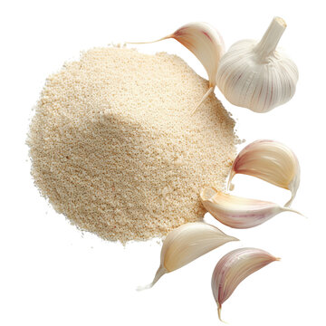 A pile of granulated garlic powder with whole garlic cloves and peeled garlic cloves around it.