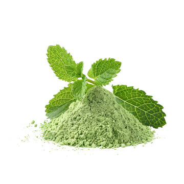 A pile of green powder with fresh mint leaves on top.
