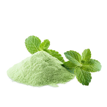 A pile of green powder with fresh mint leaves on top.