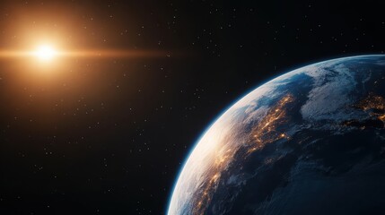 Fototapeta premium Glowing Earth at sunrise from space, isolated on black background, copy space, poster for AD, dawn brilliance, highdetail, cosmic scene
