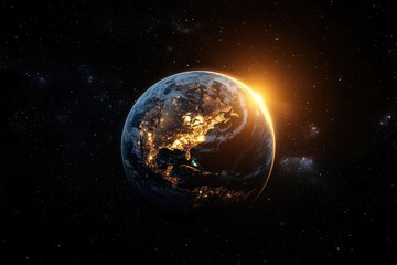Fototapeta premium Spectacular Earth with sunrise, space perspective, isolated on black background, copy space, poster for AD, radiant dawn, clear detail, cosmic scene