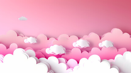 Fototapeta premium Horizontal banner with pink sky and paper cut clouds