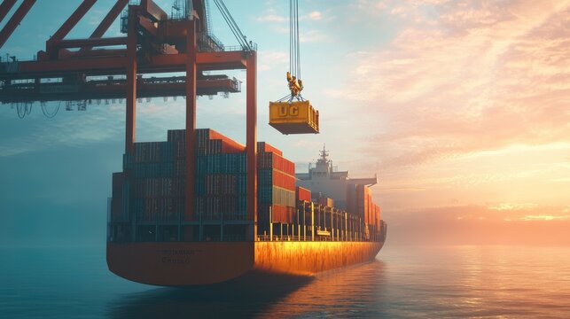 A cargo ship with a crane lifting a container off its deck, showcasing the logistics of loading and unloading.