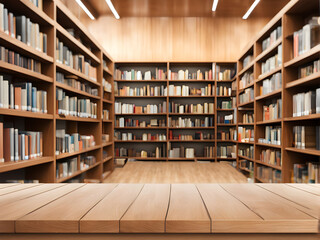 Empty wooden table and modern library background, product display