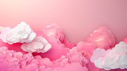 Fototapeta premium Horizontal banner with pink sky and paper cut clouds