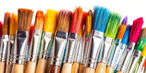 Fototapeta premium Closeup of artist paintbrushes smeared with colorful paints, isolated on white background, artistic, brushes, paint, closeup