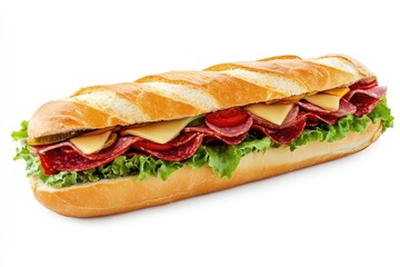 Salami, Cheese, and Tomato Sub Sandwich on White Background