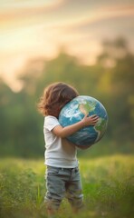 Tender Embrace of the Globe: A Child's Innocent Cradle of Earth in a Serene Natural Setting, Symbolizing Love for the Planet and Environmental Awareness