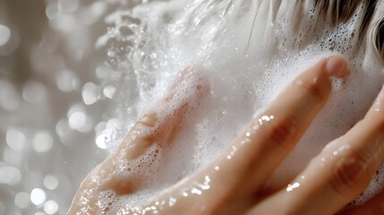 Obraz premium Detailed View of Fingers Scrubbing Shampoo into Hair during Daily Haircare Ritual