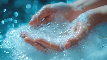 Fototapeta premium Close-Up of Hands Applying Luxurious Shampoo with Bubbly Texture for Beauty and Wellness
