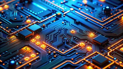 Close-up of futuristic circuit board with vibrant blue and orange lights, technology, electronic, detail