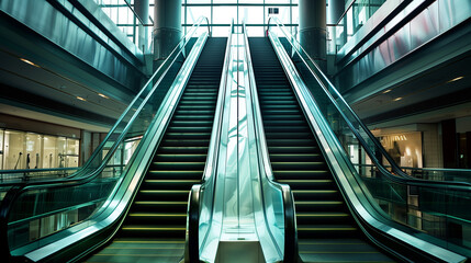 A pair of escalators in a building. The escalators are tall and extend from the bottom of the building to the top. The escalators are made of glass and metal, giving them a modern and sleek appearance