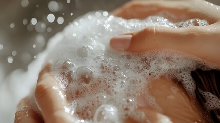 Fototapeta premium Close-up of Shampoo Massage on Hair with Detailed Bubble Focus for Beauty Care