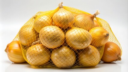 A fresh and healthy 3LB bag of yellow onions with a mesh cover, perfect for vegetarian salads and culinary creations, isolated on a clean background.