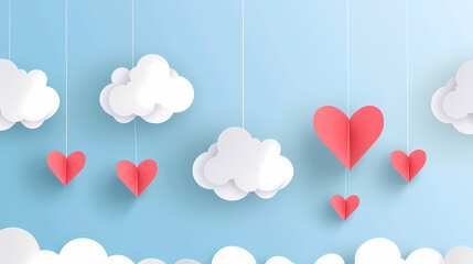 Valentines day background. Happy valentines day greeting. Paper cut clouds with hanging hearts. Vector illustration.