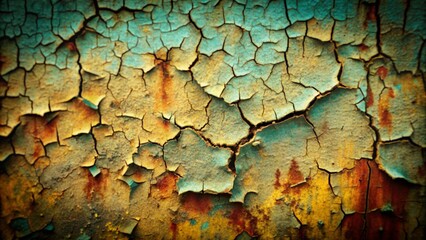 Cracked and peeling turquoise, yellow and orange paint on a rusty surface.