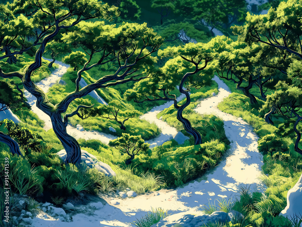 Wall mural a winding path through a forest with trees on either side. the path is surrounded by grass and rocks