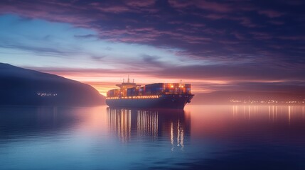 Obraz premium A container ship in a calm bay at twilight, with the lights of the port reflecting on the water, creating a peaceful scene.
