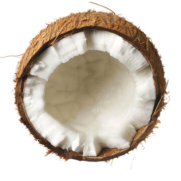 Close-up of a halved coconut with white flesh and a small amount of coconut milk inside.
