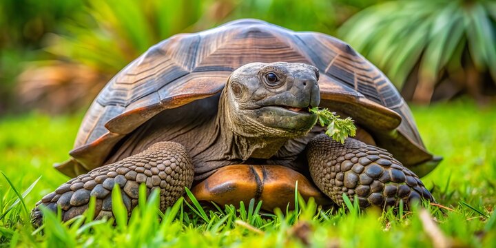 A gopher tortoise munches on lush green grass blades, its wrinkled skin and stumpy legs a contrast to the vibrant flora surrounding it outdoors.