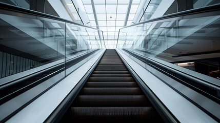 Fototapeta premium A pair of escalators in a building. The escalators are tall and extend from the bottom of the building to the top. The escalators are made of glass and metal, giving them a modern and sleek appearance