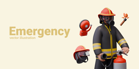 Obraz premium Concept of professional first aid in case of fire. Fireman in protective uniform and respirator