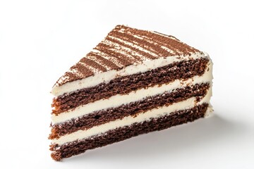 A slice of chocolate cake with white frosting and cocoa powder topping