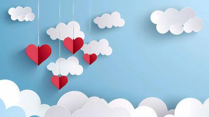 Obraz premium Valentines day background. Happy valentines day greeting. Paper cut clouds with hanging hearts. Vector illustration.
