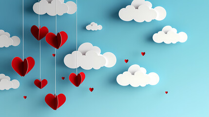 Obraz premium Valentines day background. Happy valentines day greeting. Paper cut clouds with hanging hearts. Vector illustration.