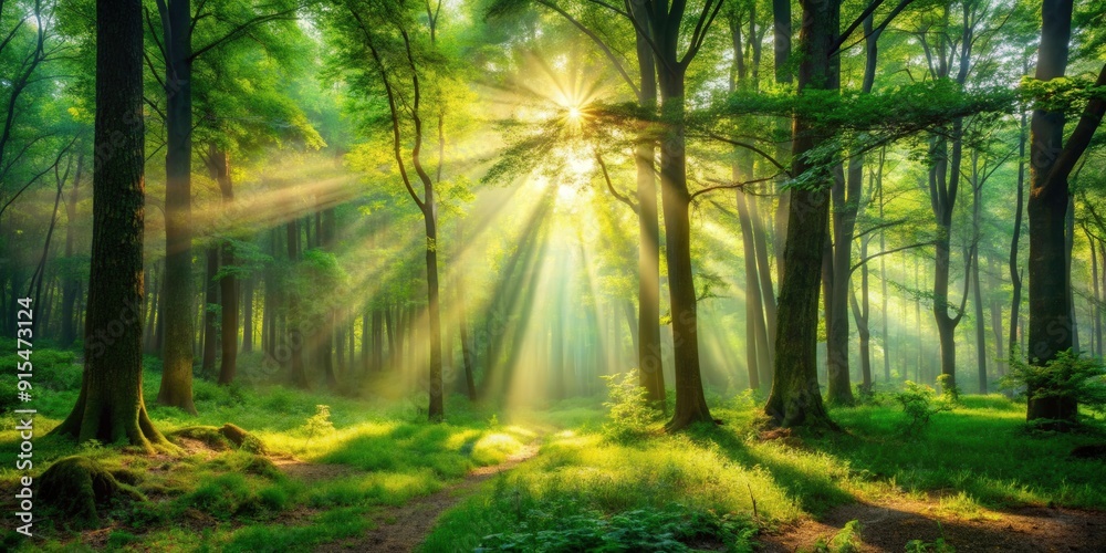Poster lush forest with sunlight filtering through the trees, creating a magical and vibrant scene, nature,