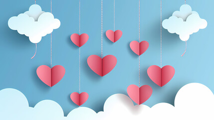 Valentines day background. Happy valentines day greeting. Paper cut clouds with hanging hearts. Vector illustration.