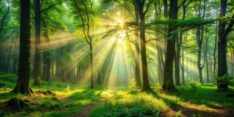 Obraz premium Lush forest with sunlight filtering through the trees, creating a magical and vibrant scene, nature, forest, sunbeam, trees
