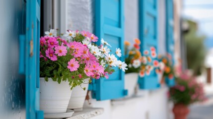 Fototapeta premium Brightly Colored Flowers in White Wall Planter Beneath Blue Shutters in Daylight