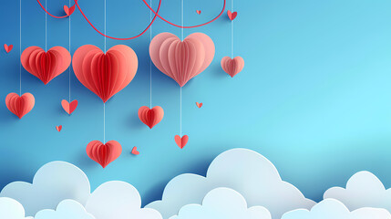 Valentines day background. Happy valentines day greeting. Paper cut clouds with hanging hearts. Vector illustration.