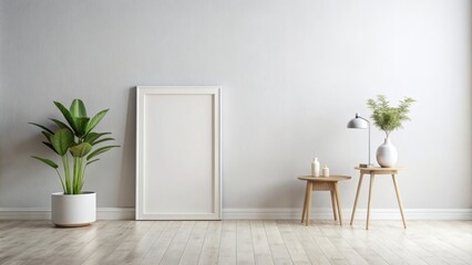 A minimalist Scandinavian-style interior features a blank white picture frame on a wall, providing ample empty copy space for custom content or design.