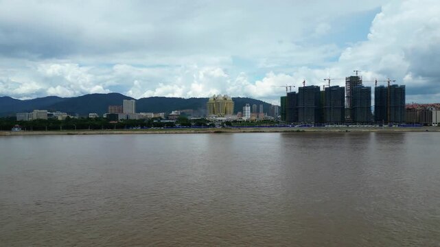Special Economic Zone, Laos Drone Fly Over above the Mekong River On The Thai Zone