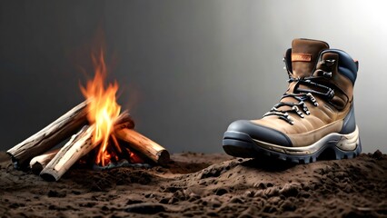 A pair of hiking boots covered in mud, resting next to a small campfire, isolated on a transparent background.