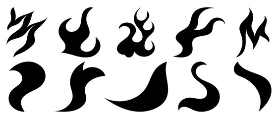 Abstract fire icon set. Black silhouette of fire. Vector illustration isolated on white background.