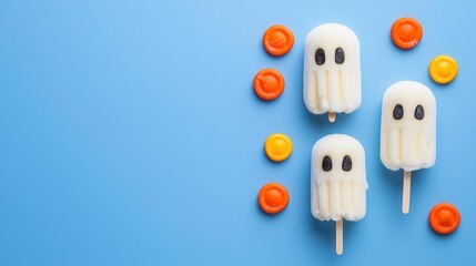 Ghost-shaped ice cream, trick-or-treat candy, flat design illustration