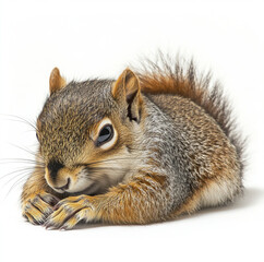 a squirrel is taking a nap with sleepy face, white background