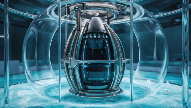 Futuristic Cryogenic Hibernation Capsule in a Glass Tube with Frozen Liquid  SciFi 3D Illustration of Advanced Cryopod Technology in a Laboratory Setting