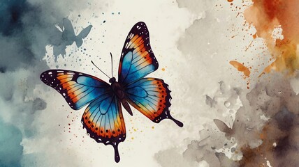 Obraz premium A butterfly with orange, black, and blue wings against a white background with brown and blue watercolor splatters.