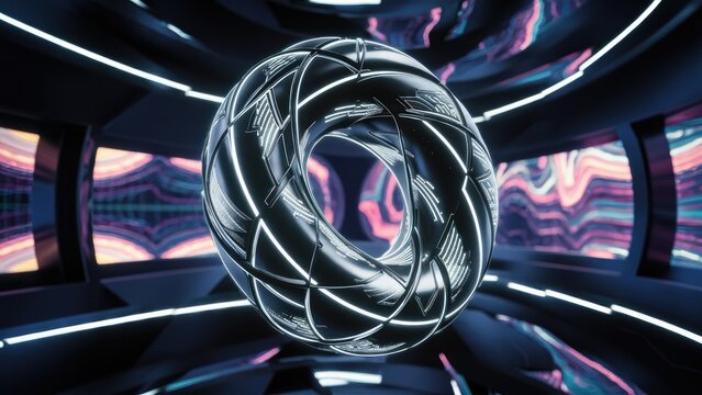 3D Render Loop of a Rotating Black and White Cyber Torus in a VJ Tunnel Warp Effect