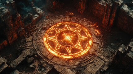 Obraz premium Glowing magical icon in the center of a desolate ruin, [arcane isolation] 