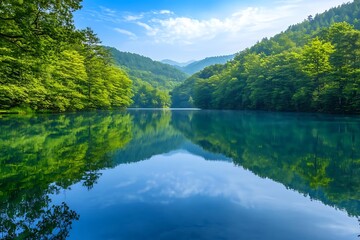 Serene Lake Reflections in a Lush Forest Landscape - Photo