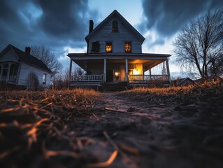 Obraz premium Haunted house, spooky and eerie, night setting, inviting