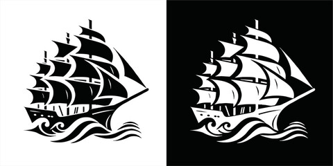 Simple Logo Sailing Ship and Sea Wave vector.silhoutte