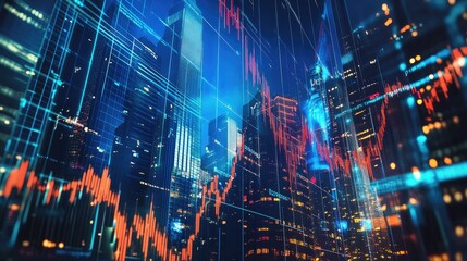 Obraz premium Digital financial graphs overlaying skyscrapers, symbolizing the stock market's role in shaping modern urban areas.